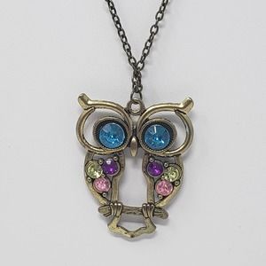 Owl Bird Rhinestone Pendant Long Necklace